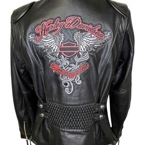 Harley-Davidson Black Leather Jacket with Red and White Embroidery